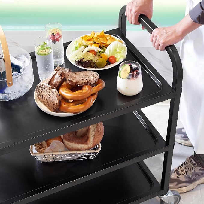 Black Stainless Steel Serving Cart, 3-Tier Rolling Utility Trolley (34"x18"x36"), Heavy Duty Painted Kitchen Cart on Wheels with Brakes, Commercial Grade for Restaurant, Hotel, Salon & Lab