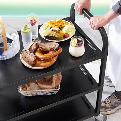 Black Stainless Steel Serving Cart, 3-Tier Rolling Utility Trolley (34"x18"x36"), Heavy Duty Painted Kitchen Cart on Wheels with Brakes, Commercial Grade for Restaurant, Hotel, Salon & Lab