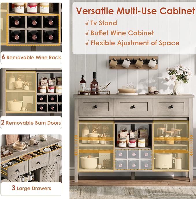 CABIHOME Farmhouse 47.2'' Buffet Cabinet with Sliding Barn Door, 33.4'' Tall Wood Rustic Sideboard with 3 Drawer, Adjustable Shelf and Removable Wine Rack (Vintage, 47.2'')