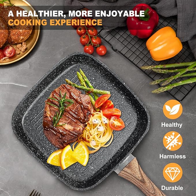NEWBULIG 3-Piece Nonstick Grill Pan Set, Square Griddle Pans with Wooden Handles, Induction Cooktop Compatible, Nonstick Cookware for Steak, BBQ, Vegetables, Black, 9.5, 10.2, 11 Inch