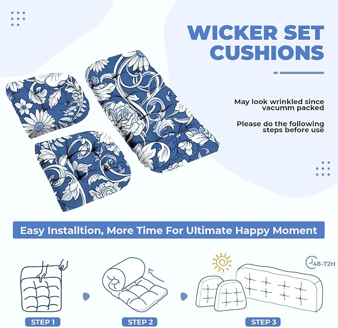 DANGHOOGY Wicker Chair Cushions, Waterproof Outdoor Loveseat Cushions for Patio Furniture, Tufted Wicker Furniture Cushions, 1 Loveseat and 2 U-Shaped Cushions (Blue Rose)