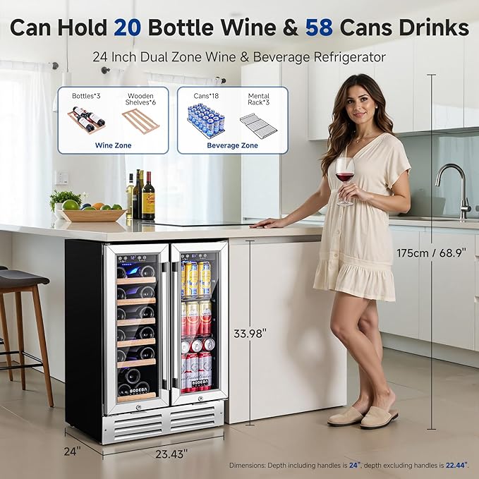 BODEGACOOLER Wine and Beverage Refrigerator, 24 Inch Under Counter Commercial Beverage Refrigerator, Large Capacity Back Bar Cooler With 2 Glass Doors,LED Lighting for Beer,Soda,Wine,4.1 Cu.Ft.,Black.