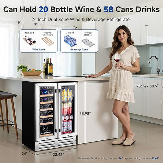 BODEGACOOLER Wine and Beverage Refrigerator, 24 Inch Under Counter Commercial Beverage Refrigerator, Large Capacity Back Bar Cooler With 2 Glass Doors,LED Lighting for Beer,Soda,Wine,4.1 Cu.Ft.,Black.