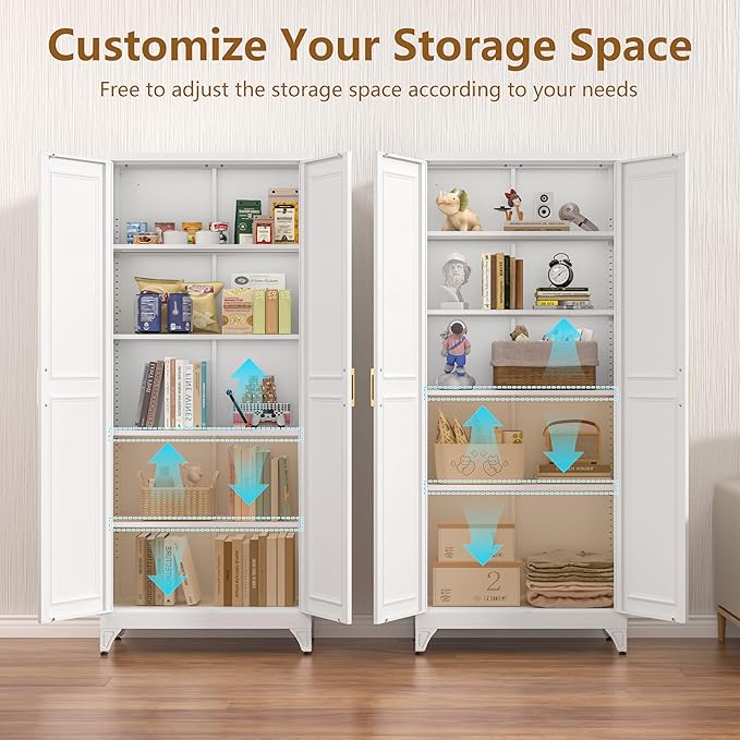 Polup Kitchen Pantry Cabinet, 75" H Metal Storage Cabinet with Doors and Shelves, 4 Standing Feet, Cupboard for Kitchen, Dining, Living Room, 16" D x 32" W x 75" H, White, Assembly Required