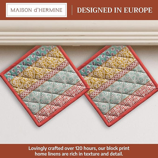 Maison d' Hermine Pot Holders 100% Cotton Heat Resistant Potholders 8" x 8" Hot Pads with Loop BBQ Cooking Baking Hotel Farmhouse Kitchen Handling Hot Pans Spring Summer (Pack of 2, Provence)