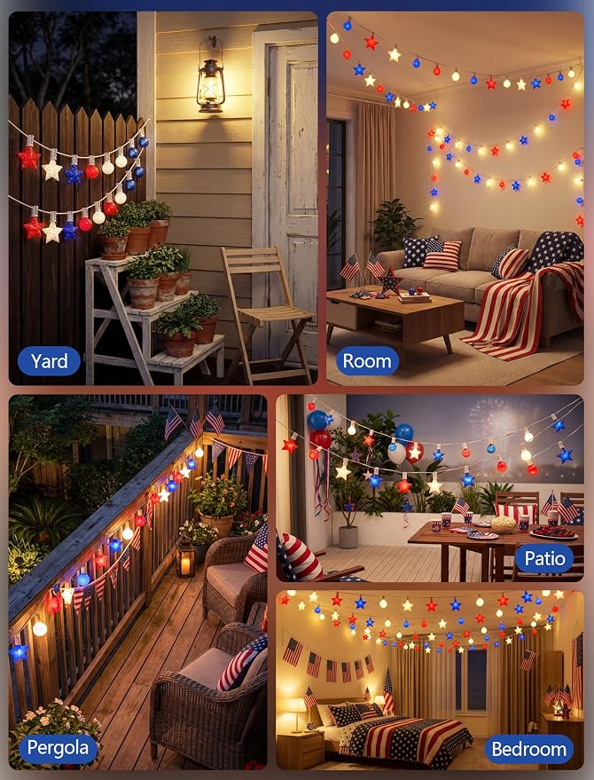 SUNSGNE 25FT Outdoor Red White and Blue String Lights, 25 LED Star & G40 Globe Bulbs, Patriotic Fourth of July Independence Day Decorations for Home Patio Yard