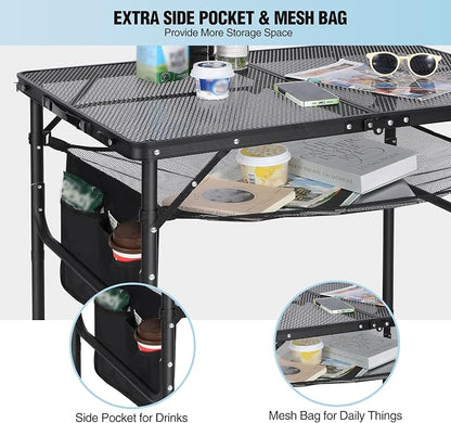 Folding Grill Table,Aluminum Portable Grill Stand Table for Outdoor Camping Picnic BBQ Lightweight, Adjustable Height, 36''x24''x16/28'', Black