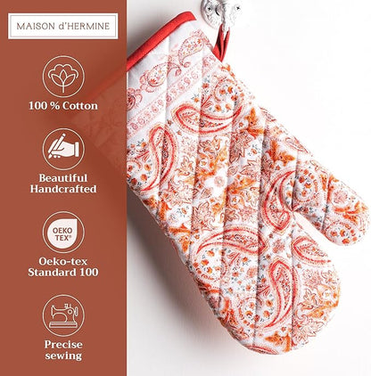 Maison d' Hermine Oven Gloves 100% Cotton Oven Mitt 7" x 13" with Loop Heat Resistant BBQ Cooking Gloves for Thanksgiving Christmas Decorations Baking Handling Hot Pans (Pack of 1, Orient)