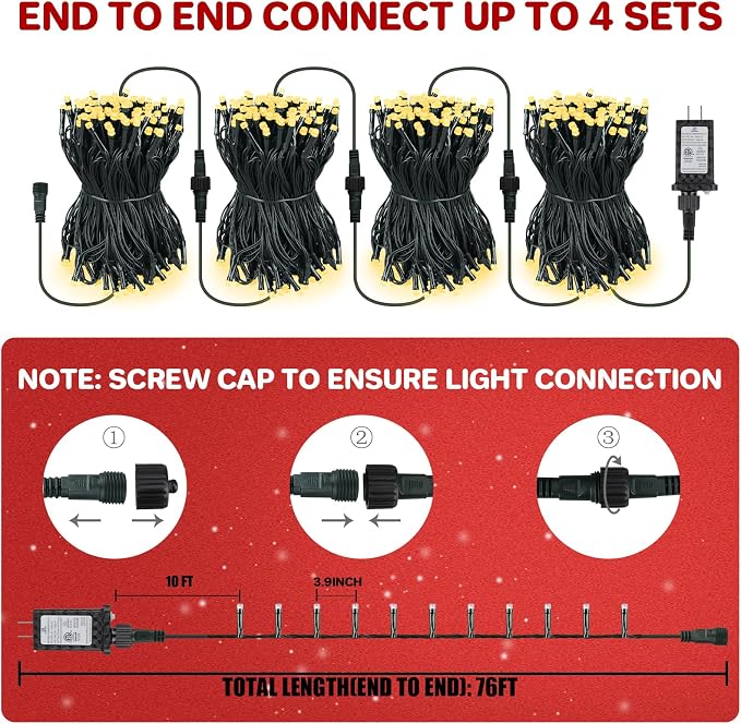 66FT 200 LED Connectable Christmas Tree Lights, End-to-End Plug 8 Modes Indoor Lights with Timer, Outdoor Indoor Fairy Lights Christmas Tree, Patio, Garden, Party, Wedding, Holiday (Warm White)