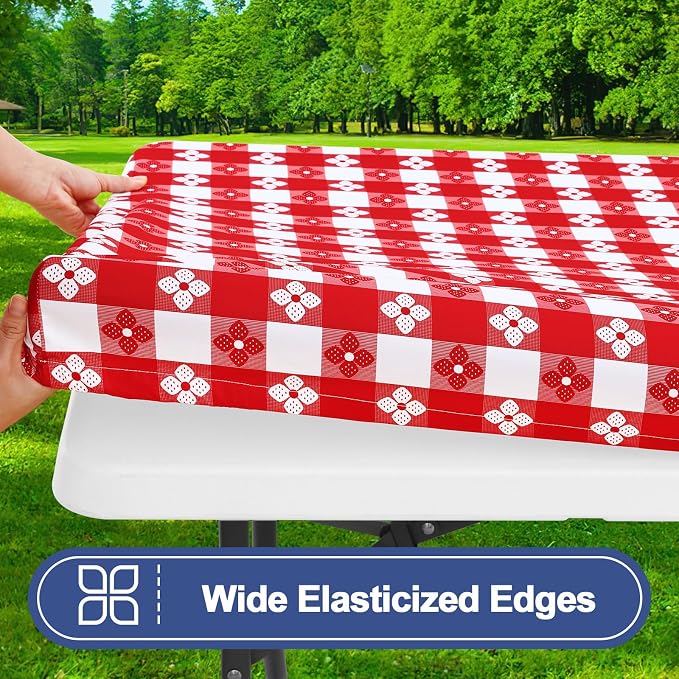 Smiry Picnic Table Cover with Bench Covers, Waterproof Elastic Fitted Tablecloth for 8 Foot Tables, Washable Polyester Tablecloths for Camping, Indoor & Outdoor (Red & White, 30x96 Inch 3-pc Set)