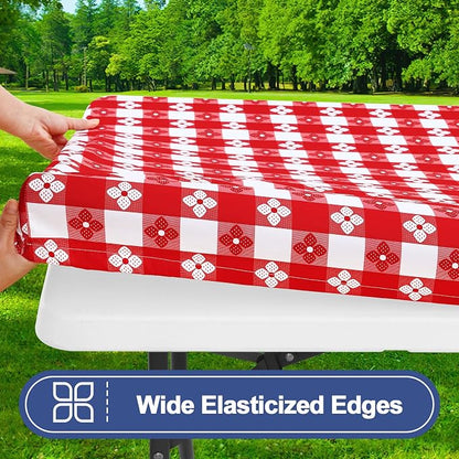 Smiry Picnic Table Cover with Bench Covers, Waterproof Elastic Fitted Tablecloth for 5 Foot Tables, Washable Polyester Tablecloths for Camping, Indoor & Outdoor (Red & White, 30x60 Inch 3-pc Set)