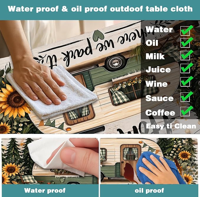 Picnic Table Cover with Bench Covers, Camping Essentials, RV Forest Sunflower Wooden Tablecloth Waterproof Windproof Elastic Fitted Tablecloths for 6ft Rectangle Tables Indoor & Outdoor 3 PCS 30x72 IN