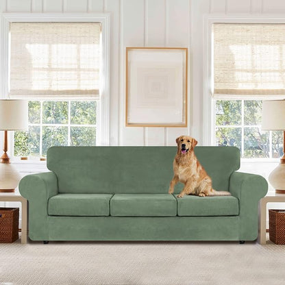 WEERRW 4 Pieces Couch Cover for Sofa Velvet Slipcovers, Greyish Green | Washable Sofa Covers for 3 Cushion Couch Furniture Protector Sofa Slipcover with Non Slip Elastic Bottom, Pet Friendly, Large