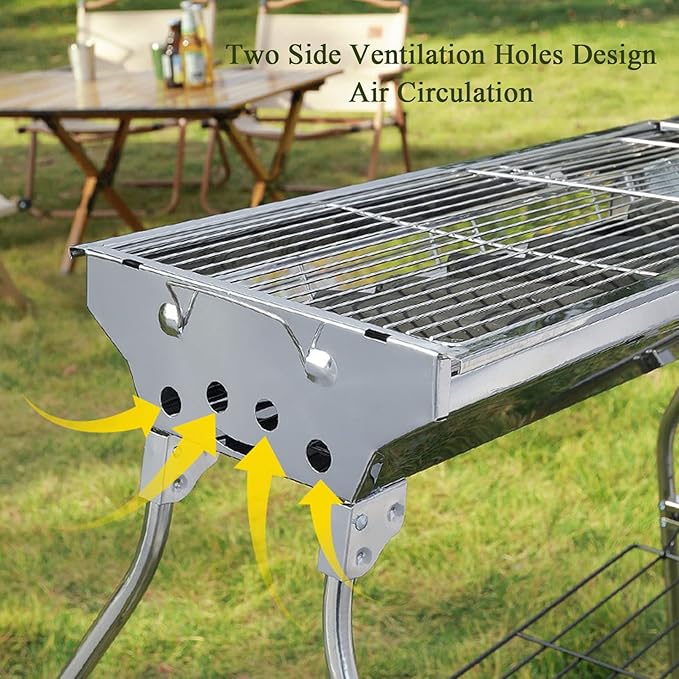 Large Barbecue Grill Stainless Steel BBQ Charcoal Grill Smoker Barbecue Folding Portable for Outdoor Cooking Camping Hiking Picnics Backpacking with Baking Tray 73 * 70 * 33cm