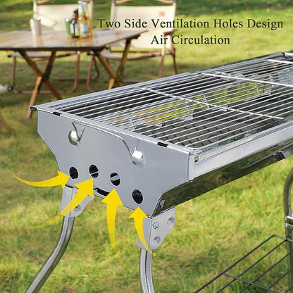 Large Barbecue Grill Stainless Steel BBQ Charcoal Grill Smoker Barbecue Folding Portable for Outdoor Cooking Camping Hiking Picnics Backpacking with Baking Tray 73 * 70 * 33cm