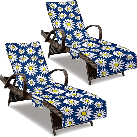 Lounge Chair Towel Cover, Beach Chair Cover (Pack of 2), Pool Lounge Chair Covers for Outdoor,Garden, Beach,Sun Lounger,Hotel Pool,Large Size and No Sliding, 85" X 30", Royal Blue Daisy