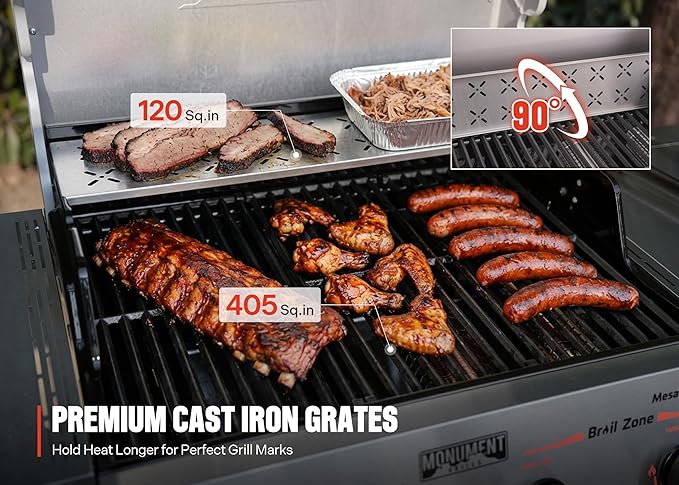 Monument Grills 4+1 Burner Stainless Steel 525 sq.in Propane Gas Grill, 49,000 BTU, 500°F in 5 Mins, Outdoor Mesa 2 Grill with Broil Zone, 1 Side Burner and 1 Foldable Side Shelf, with 8 Tool Hooks