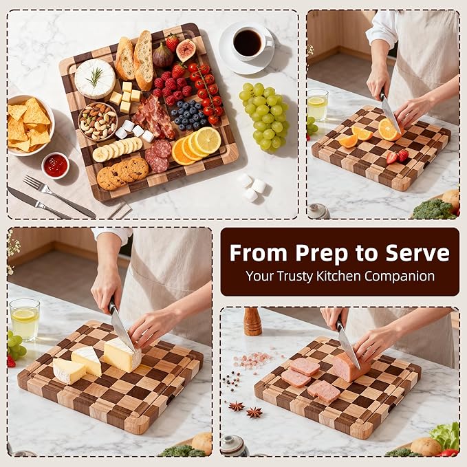 Checkered Cutting Board, Square Wooden Checkerboard Cutting Board for Kitchen 12 x 12 x 1", Rubber Wood Butcher Block Chopping Board with Juice Grooves & Handles for Meat, Vegetables & Cheese