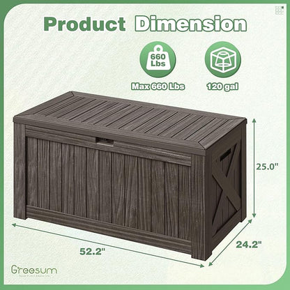 Greesum Outdoor Storage Box 120 Gallon Storage Bin with Lid for Patio Furniture, Garden Tools, Pool Supplies, Lockable, Waterproof and UV Resistant, Dark Brown