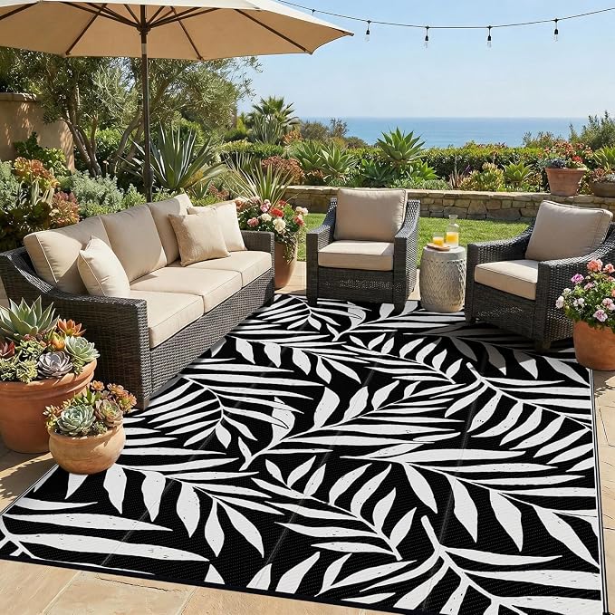 Smiry Outdoor Rug 8x10 ft Waterproof Reversible Leaf Mat, Black & White | Polypropylene Plastic Straw, Quick Drying, Lightweight Foldable, for Patio, Deck, RV Camping, Backyard and Indoor Outdoor Use