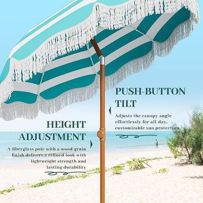 AreShark 7ft Patio Umbrella with Fringe, UPF50+ Beach Umbrella for Table, Pool & Garden, Portable Outdoor Tassels Umbrella w/Fiberglass Ribs&Push Bottom Tilt(Blue and White Stripe)