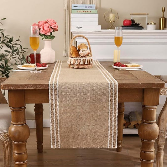 Burlap Table Runners 120 inch Natural Jute Table Runner Braided Table Runner Khaki Farmhouse Table Runner with Beige Lacework for Spring Summer Parties Everyday Holidays Dining Table