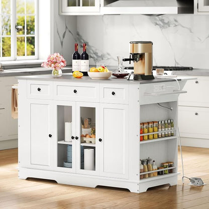 DWVO Kitchen Island with Stainless Steel Top & Power Outlet, 60 Inch Kitchen Island on Wheels with Drop Leaf, Large Rolling Mobile Center Islands w Storage Drawer Cabinet Counter Metal Top, White