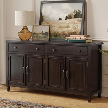SIMPLIHOME Connaught 67" Sideboard Cabinet in Dark Chestnut Brown | Traditional 4-door dining room buffet with 2 drawers and adjustable shelves for organized kitchen or living room storage.