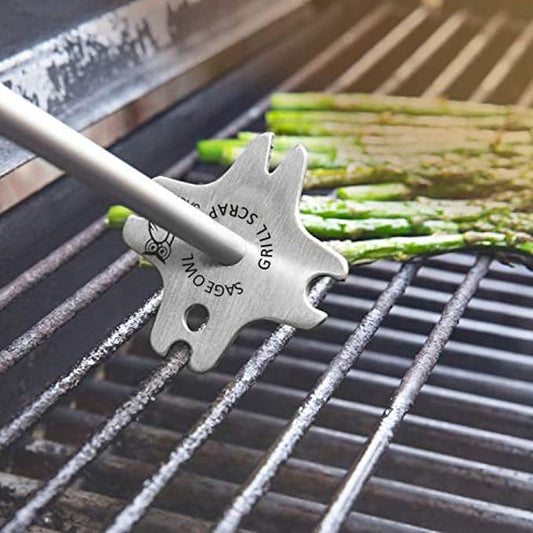 Sage Owl Stainless Steel BBQ Grill Scraper, Bristle-Free, 3-in-1, Silver, 17.5” Handle – Safe Grill Cleaner for Outdoor Grills, Includes Round and V-Shaped Grooves – Grilling Accessories for Men