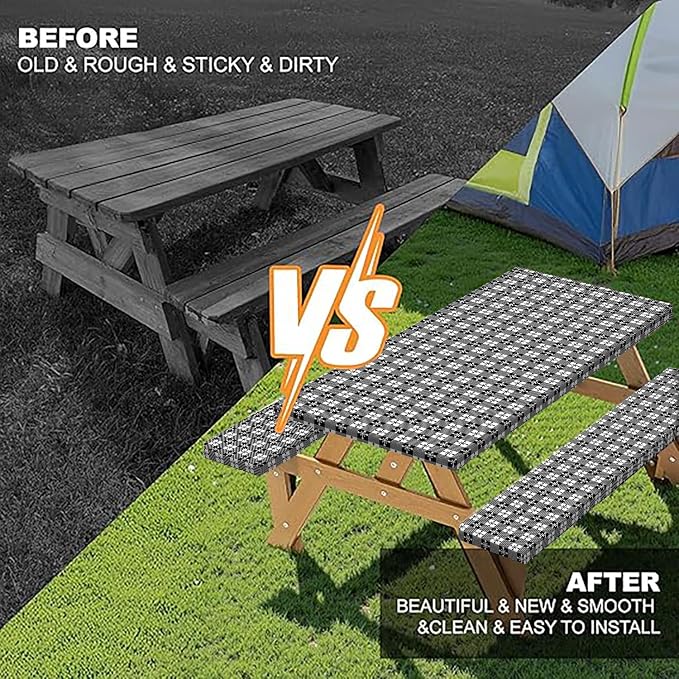 Picnic Table Cover with Bench Covers and Bag, Camping Essentials, Buffalo Plaid Waterproof and Windproof, Fitted Tablecloth Cover with Elastic Edge, for Outdoor, 3 PCS, (Black & White, 30"x96")