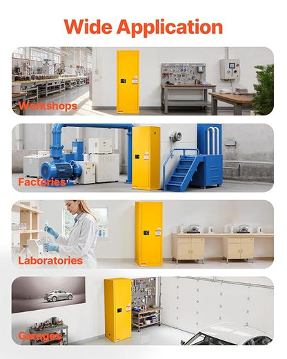 VEVOR Flammable Cabinet 18" x 23" x 65", 23 Gallon Flammable Storage Cabinet with Adjustable Shelf, Cold-Rolled and Galvanized Steel Fire Cabinets, for Commercial Industrial Home Use, Yellow