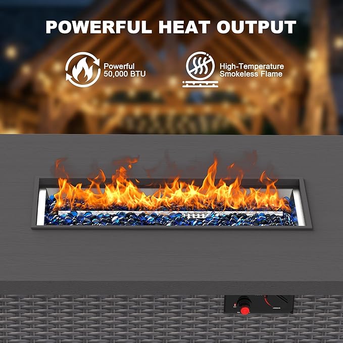 42 inch Propane Fire Pit Table, 50,000 BTU Outdoor Fire Pit Table with Steel Lid and High-Temp Crystal Beads, 2 in 1 Rectangle Gas Fire Pit Table for Garden/Patio Outside (42 inch, With Crystal Beads)
