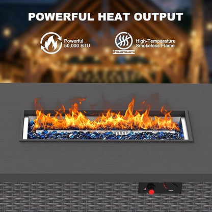 42 inch Propane Fire Pit Table, 50,000 BTU Outdoor Fire Pit Table with Steel Lid and High-Temp Crystal Beads, 2 in 1 Rectangle Gas Fire Pit Table for Garden/Patio Outside (42 inch, With Crystal Beads)