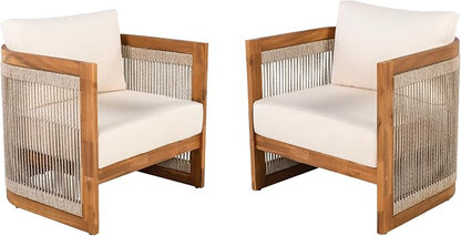 Christopher Knight Home Dora Set of 2 Patio Club Chair with Cushions, Acacia Wood Lounge Chair Outdoor, Woven Accents, Curved Design Side Chair for Balcony Backyard Garden Poolside, Beige + Teak