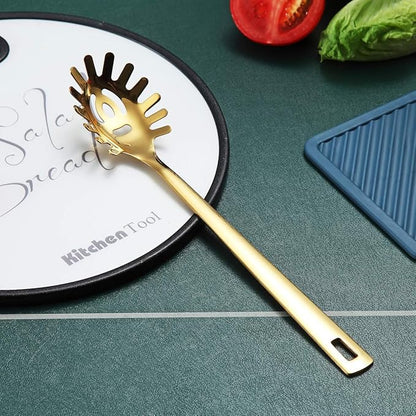 Gold Spaghetti Spoon, Berglander Pasta Server With Titanium Gold Plating, Stainless Steel Spaghetti Server For Cooking, Pasta Fork, Noddle Fork, Dishwasher Safe, Easy to Clean
