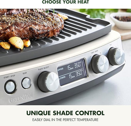 GreenPan Elite 7-in-1 Multi-Function Contact Grill & Griddle, Healthy Ceramic Nonstick Reversible Plates, Adjustable Shade & Shear, Closed Press/Open Flat Surface, PFAS-Free, Cream White