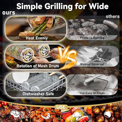 Rolling Grill Basket for Veggies, Heavy Duty 304 Stainless Steel BBQ Grilling Basket with Lock-Tight System, Removable Handles, Nesting Storage, Smoker Camping Accessories, Gifts for Men Dad Husband(2PCS)