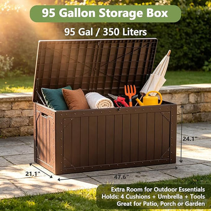 Outdoor Storage Box, 95 Gallon Deck Box Outdoor Storage Bench, Outside Waterproof Resin Storage Bench, Lockable Patio Cushions, Garden Tools Storage for Furniture, UV Resistant (Brown)