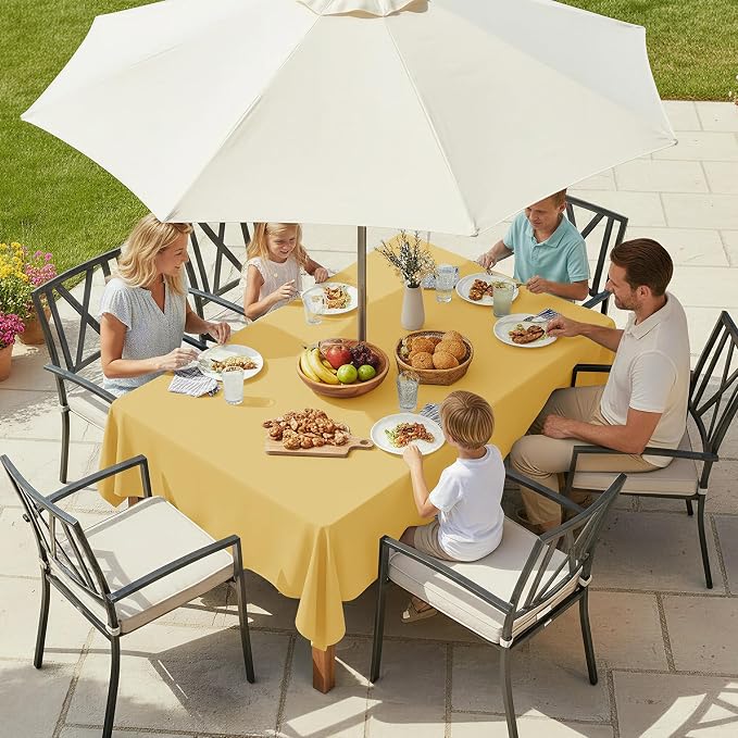 LUSHVIDA Rectangle Outdoor Tablecloth with Umbrella Hole and Zipper, 60x84 Inch Yellow, Washable Waterproof Table Cloth Spill Proof Wrinkle Free Table Cover for Patio Spring Summer Picnic BBQS