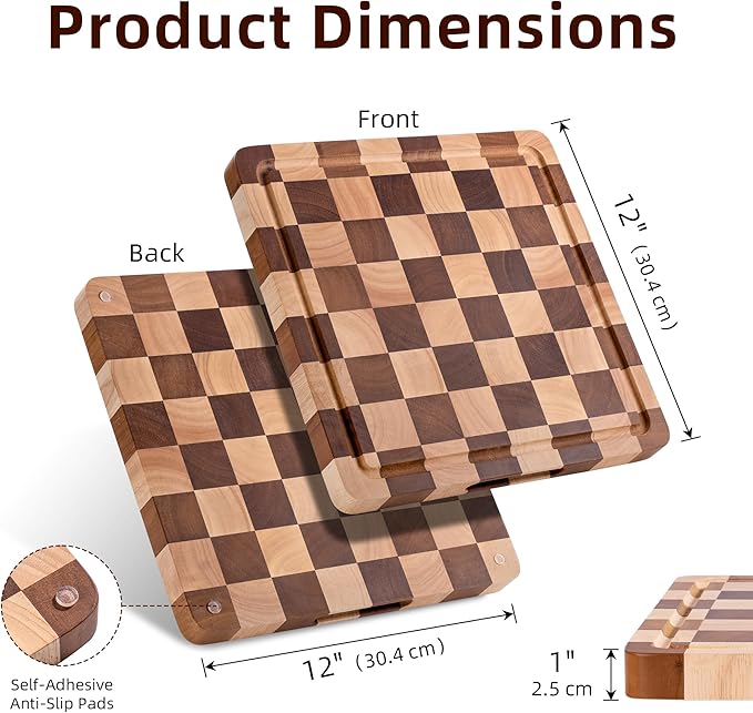 Checkered Cutting Board, Square Wooden Checkerboard Cutting Board for Kitchen 12 x 12 x 1", Rubber Wood Butcher Block Chopping Board with Juice Grooves & Handles for Meat, Vegetables & Cheese