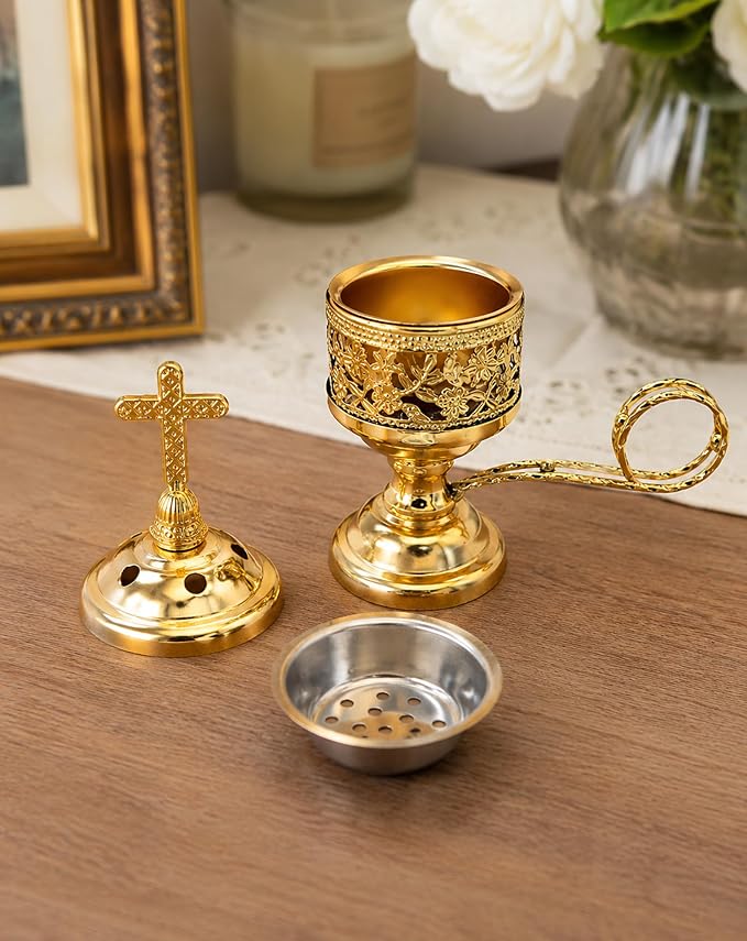 Yawlsow Incense Burner, Frankincense Charcoal Incense Stand, Bakhoor Incense Burner Holder, Ideal for Aromatherapy, Yoga and Spa, Home and Christian Church Censer, (Gold*2)
