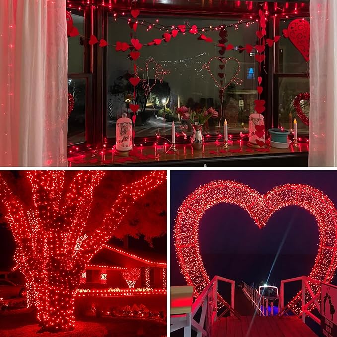 QITONG 500LED Red String Lights, 165ft Twinkle Lights Outdoor Waterproof with Plug in, Green Wire Christmas Fairy Lights Indoor with 8 Modes