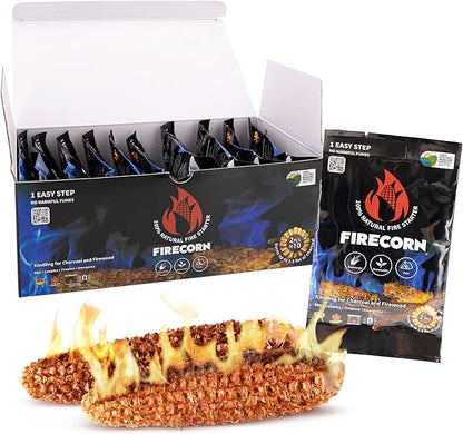 FIRECORN Firestarter - All-Natural Instant Firestarter for Fireplaces, Campfires, Fire Pits, BBQ's and Pizza Ovens - Lights Charcoal, Briquette and Firewood - 10 Pack (2 corncobs per Pack)