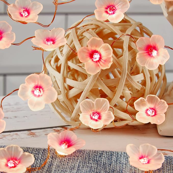 Garden Décor Solar Outdoor Flower Lights Cherry Blossom Solar Décor Garden Fairy Lights Sakura Flower Patio Lights Yard Décor 14ft 40LEDs Solar Pathway Floral Garland Fence Window Decoration
