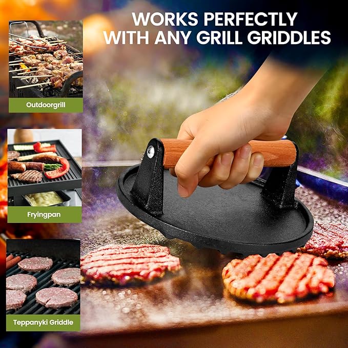 Blackstone Burger Press Set - 7" Round Smash Burger Press & 8"x4" Rectangle Cast Iron Grill Press with Wooden Handle - Smasher is Perfect for Blackstone Griddle, Pitboss Weber Griddle Grills