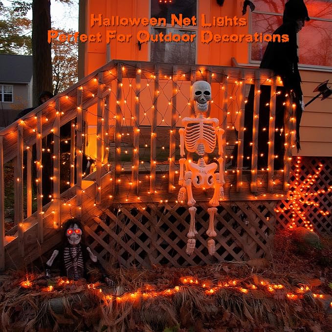 JMEXSUSS 360 LED Halloween Net Lights, Orange, 12ft x 5ft | Outdoor Waterproof, Connectable, Plug in, Mesh Lights with Remote for Bushes Shrubs Christmas Halloween Decorations