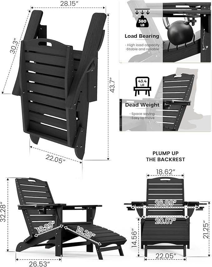 Ciokea Folding Adirondack Chair with Retractable Ottoman Fire Pit Patio Chair with Pull Out Foot Rest Weather Resistant Lawn Outdoor Lounge Chair with 2 Cup Holder (Black)