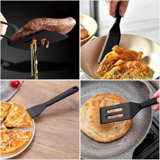 KIBBEH 3-Pack Silicone Slotted Spatula Set BBQ Clamp for Grilling | 3-pack silicone slotted spatula set, heat-resistant BBQ clamp for bread, steak, fish, salad, durable & non-stick