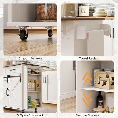 IRONCK Kitchen Island with Storage, Rolling Kitchen Island Cart with Drop Leaf Countertop and Pull-Out Shelf, Barn Doors, for Dining Room, Home Bar, White
