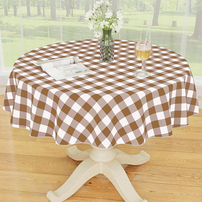 Smiry Picnic Table Cloth, Vinyl Tablecloths with Flannel Backing, 60" Round | Waterproof Picnic Table Cloth, Wipeable Buffalo Plaid Table Cover for Indoor and Outdoor (Brown & White)